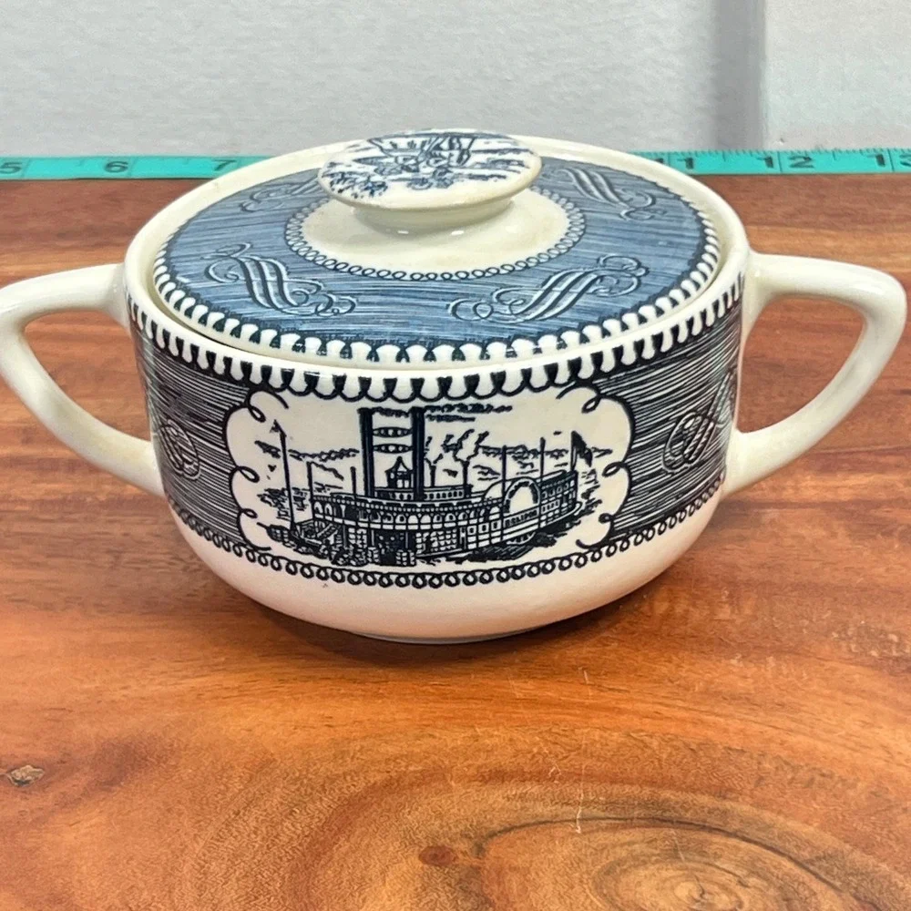 Vintage Currier & Ives Blue Steamboat Sugar Bowl with Lid Ceramic Transferware